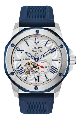 Reloj Bulova Marine Star Blue Original Hombre Time Square Correa Azul Bisel Plateado