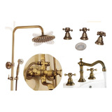 Set Griferia Baño Bronce Antiguo Ducha + Bacha Pared + Bidet