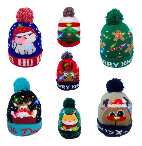 Gorro Navideño Luces Led Paquete 6 Gorros Pompón Fiesta Frio