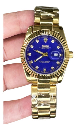 Relogio Mini Feminino Rolex Day Date Dourado Com Azul