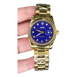 Relogio Mini Feminino Rolex Day Date Dourado Com Azul