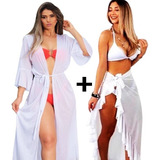 Saída De Praia Longa Lisa Canga Vestido Kimono + Saia Pareô