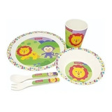 Set Infantil Plato Bowl Vaso Cubiertos En Fibra De Bambú 