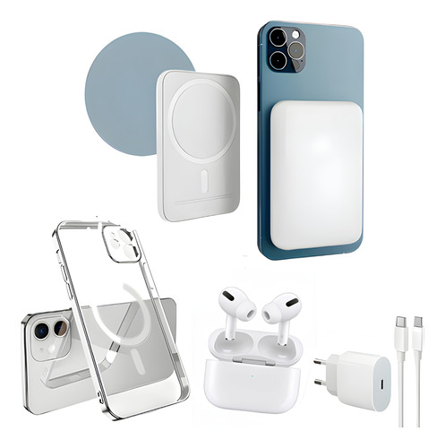 Kit  Power Bank + Capa + Carregador + Fone Sem Fio P/ iPhone