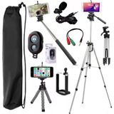 Kit Youtuber Tripé Pedestal Celular Microfone Pau De Selfie