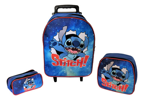 Kit Mochila Carrinho Infantil Escolar - Stitch Azul Menino