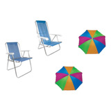 Kit Cadeira De Praia Alta+cadeira Reclinável +02 Guardasol