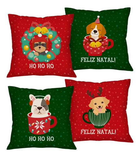 Capa De Almofadas Kit Com 4 Tema Natal Doguinhos