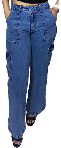 Calça Jeans Feminina Pantalona Wide Leg Bolso Lateral Cargo