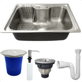 Cuba Inox 60x42 Com Lixeira Embutir Pia Cozinha Kit 5 Peças