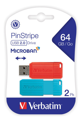 Memoria Usb Verbatim Pinstripe 64gb 2.0 Paquete 2 Pzas