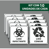 Kit 10 Adesivo Lixo Infectante + 10 Comum 8x8cm Fundo Branco