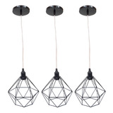 3 Pendentes Aramado Diamante Luminária Lustre Cabo Cristal 2 Mt Industrial Teto Retrô Agp Ilumini Preto