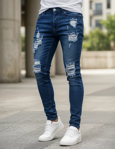 Pantalones Mezclilla Strech De Jean De Agujero Para Hombre