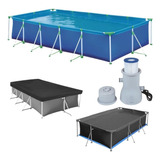 Kit Piscina Retangular 7600 L Com Capa, Forro E Filtro 220v