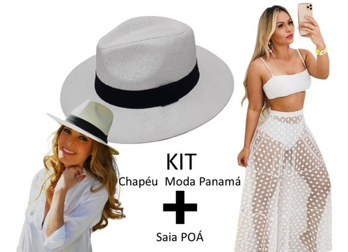 Chapéu Moda Panamá Fedora Praia + Saída Saia Poá Tule Pareô 