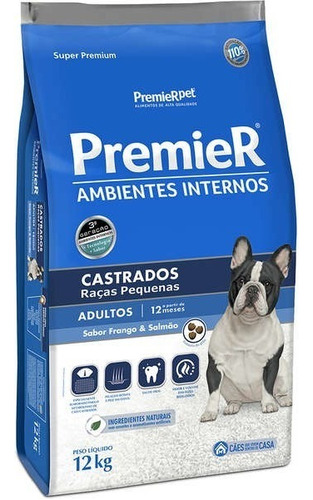 Alimento Premier Super Premium Ambientes Internos Castrados Para Cão Adulto De Raça Pequena Sabor Frango E Salmão Em Sacola De 12kg