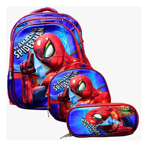 Mochila Luz Led Con Lapicera + Lonchera 3d Spider Man