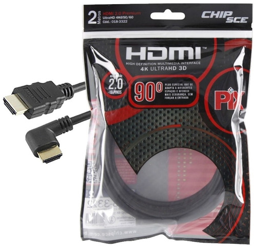 Cabo Hdmi L 2m 90 Graus Blindado 2.0 Ethernet 2 Metros 4k 3d