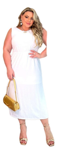 Vestido Midi Branco Com Fendas Regata Forrado Social Casual