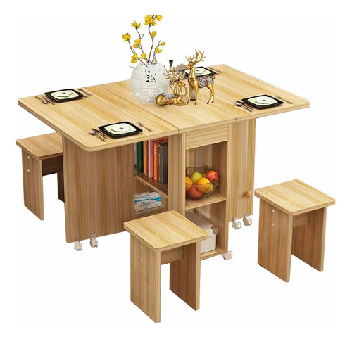 Mesa De Comedor Plegable De Madera + 4 Taburetes