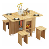 Mesa De Comedor Plegable De Madera + 4 Taburetes