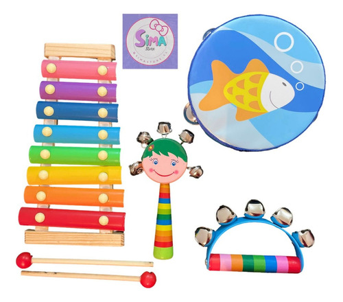 Set De 4 Instrumentos Musicales De Madera Para Niños