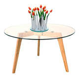 Mesa Ratona Redonda Spider Tapa Vidrio Patas Madera 80x45 Cm