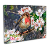 Cuadro Lienzo Canvas 50x60cm Pajaro Rama Flores Cerezo Oleo