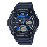 Reloj Casio Worltime Original Para Caballero E-watch Color De La Correa Negro Color Del Fondo Azul