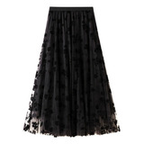 Women's Long Tulle Tutu Skirt 3d Flower Embroidery Solid C