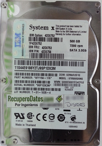 Disco Ibm St9500530ns 500gb Sata - 2927 Recuperodatos