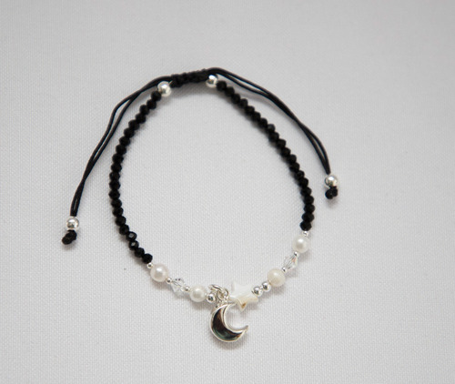 Pulsera De Plata 925 Dama, Piedritas Negras Y Dije De Luna