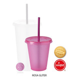 70 Vasos Reusables Con Popote Para Bebida Fría Mini 16 Oz Color Rosa Glitter