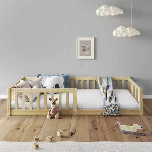 Cama Infantil Solteiro Chão Grade Montessori Gustavo Natural