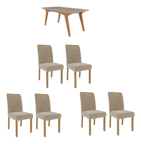 Conjunto Mesa De Jantar 6 Cadeiras Mdf Cimol Branco Bege