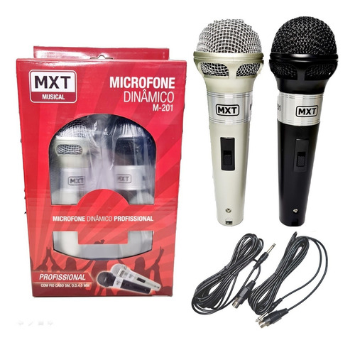 Kit Com 2 Microfone Com Fio Duplo Profissional Cabo 5 Metros