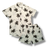 Conjunto Camisa Short Havaiano Estampa Floral Adulto Viscose