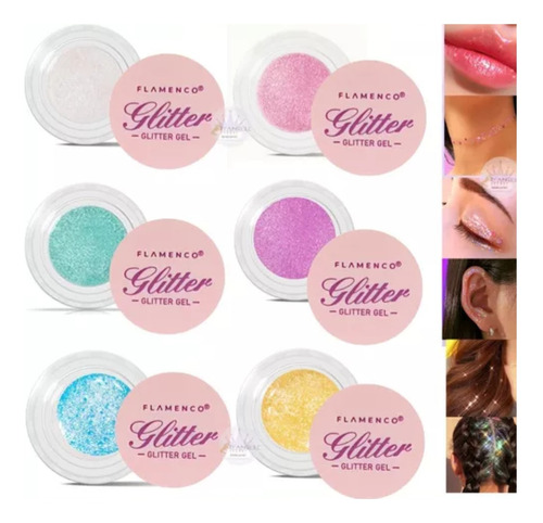 Pack 6 Glitter Gel Decorativo Pigmento Brillo Rostro Cuerpo