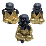 Trio Buda Bebês Preto C/ Ouro Cego Surdo Mudo Gesso Monge