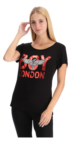 Playera Negra De Dama Letras Rojas Foil Y Aguila Boy London 