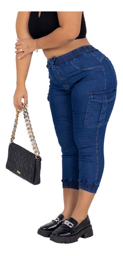 Calça Cargo Jeans Plus Size Feminino Moda Blogueira Top 