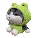 Peluche Gatito Kawaii Enojado Con Disfraz Ranita Verde Envio