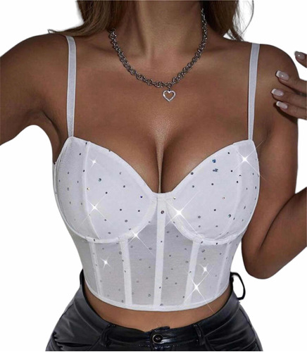 Top Corset Shines Diamante Sexy Mujer Blanco  Bretel