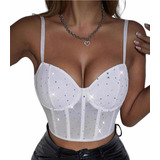 Top Corset Shines Diamante Sexy Mujer Blanco  Bretel