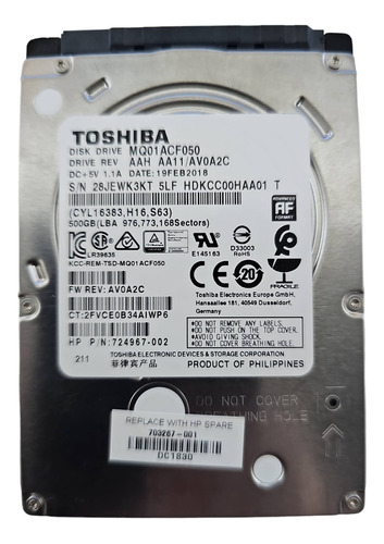Disco Toshiba Mq01acf050 500gb Sata3 5400rpm 7mm 2.5 8mb