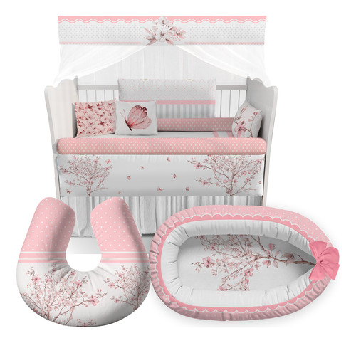 Kit Berço Ninho Redutor Almofada Floral Rosa Bebê - Ktpr425