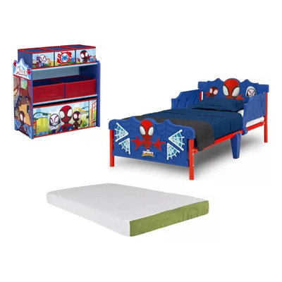 Set Cama Infantil 3d Juguetero Y Colchon Spidey Azul