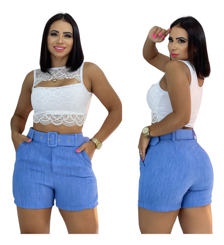 Shorts Feminino Cintura Alta Cinto Linho Bolso Lateral Novo