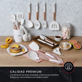 Set 24 Utensilios De Cocina Cookify De Silicona Y Acero Inoxidable Incluye Base. Protegen Tus Sartenes, Resistentes Al Calor, Antiadherentes. Color Blanco-oro Rosa